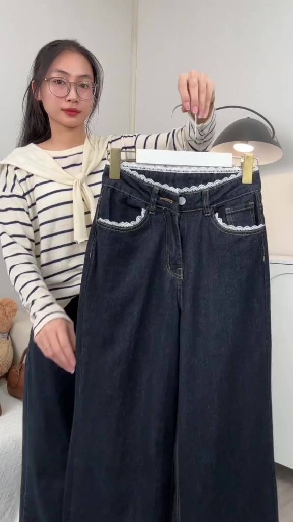 (94cm - Dành cho nấm) Quần jeans nữ ống rộng màu than phối ren nổi bật - MINI006 woman Pants | BigBuy360 - bigbuy360.vn