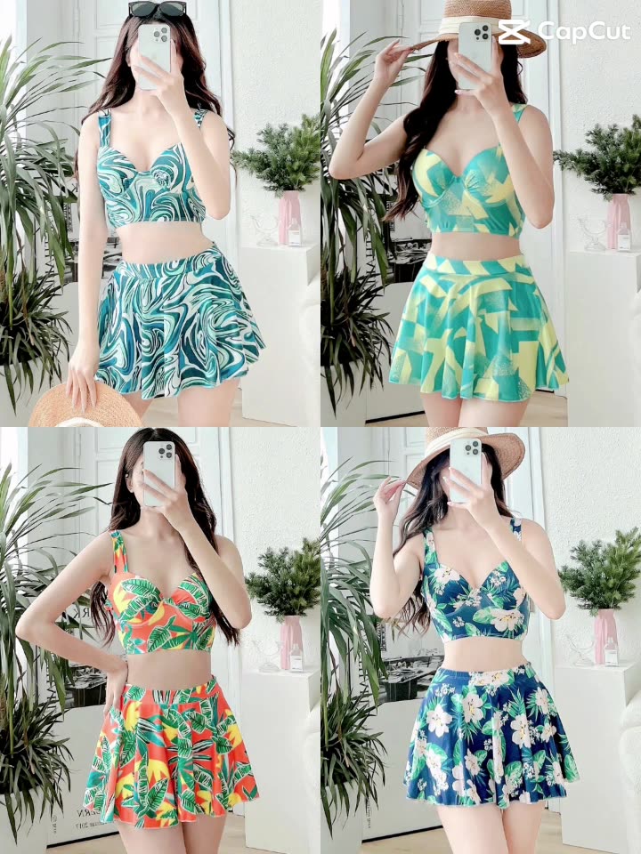 Đồ bơi nữ bikini áo hai dây kết hợp chân váy mút nâng ngực có gọng đồ đi biển bikini kín đáo | BigBuy360 - bigbuy360.vn