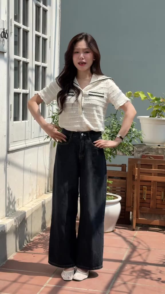 [MINI004 - JEANS PREMIUM] Quần jeans nữ ống rộng cạp cao MÀU THAN chỉ vàng cá tính | BigBuy360 - bigbuy360.vn
