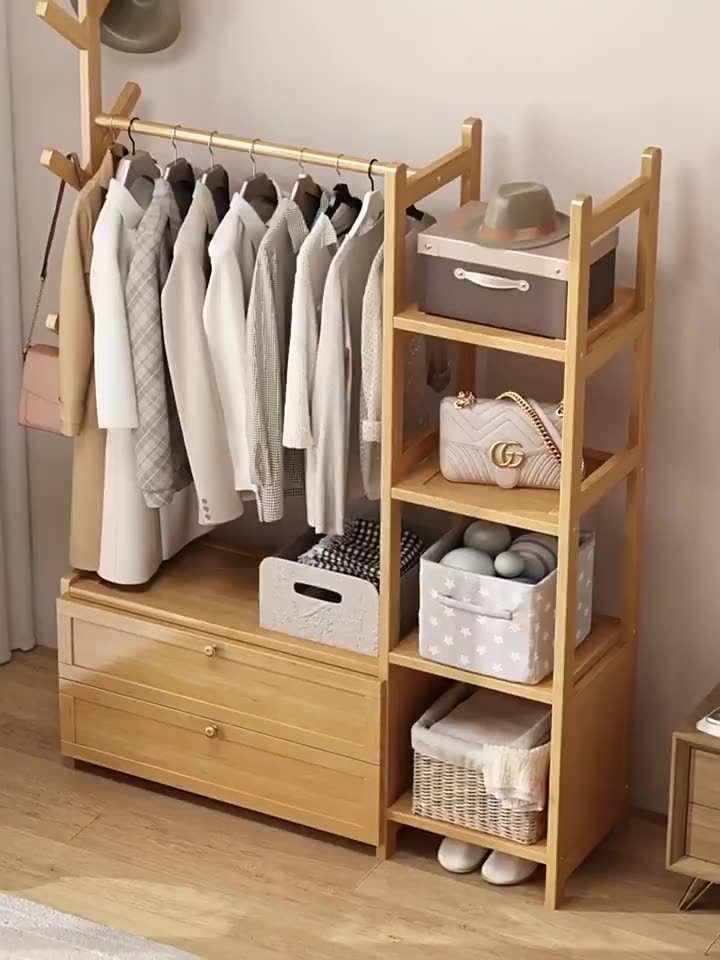 LACCOHUG Giá treo quần áo Móc treo đồ bằng tre đơn giản tích hợp ngăn kéo đa năng tiết kiệm | BigBuy360 - bigbuy360.vn