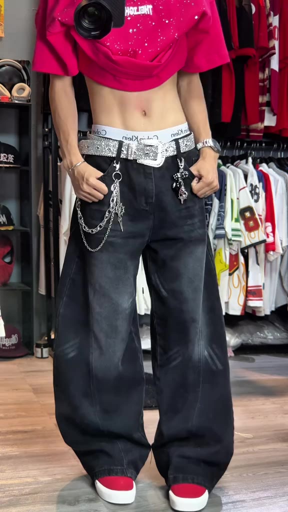 Quần Jean Suông Ống Cong Nam Đen Mài Wash Quần Jean Suông Unisex Lưng Cao Phong Cách HIPHOP Bigsize | BigBuy360 - bigbuy360.vn