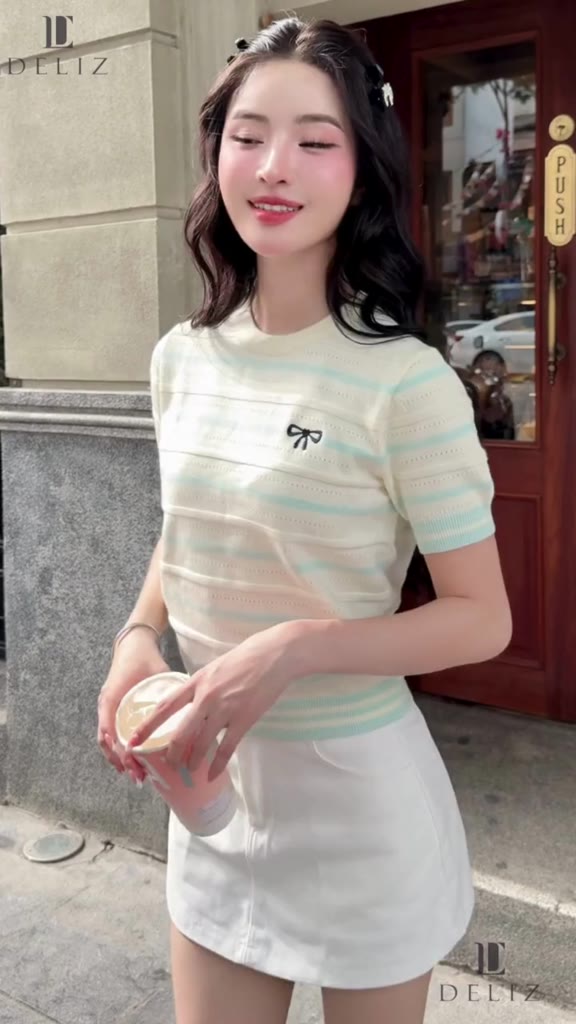 DELIZ - Áo len cộc tay cổ tròn phối kẻ ngang thêu nơ nhiều màu basic mùa hè thu ALC01 | BigBuy360 - bigbuy360.vn