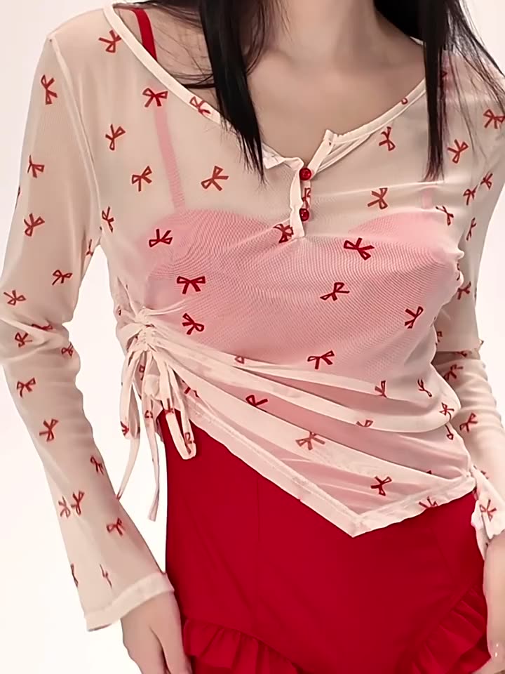 Set bikini 2 chi tiết đi biển, Áo ngoài họa tiết nơ đỏ . Đồ bơi nữ đi biển quyến rũ sẵn đệm mút freesize <45kg - Mã H16 | BigBuy360 - bigbuy360.vn