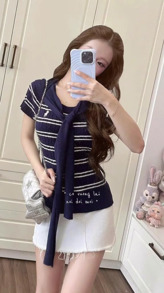 Áo len ngắn tay cổ tròn sọc ngang nữ, form ôm body, chất len gân co giãn Hàn Quốc (không kèm khăn)TH3 | BigBuy360 - bigbuy360.vn