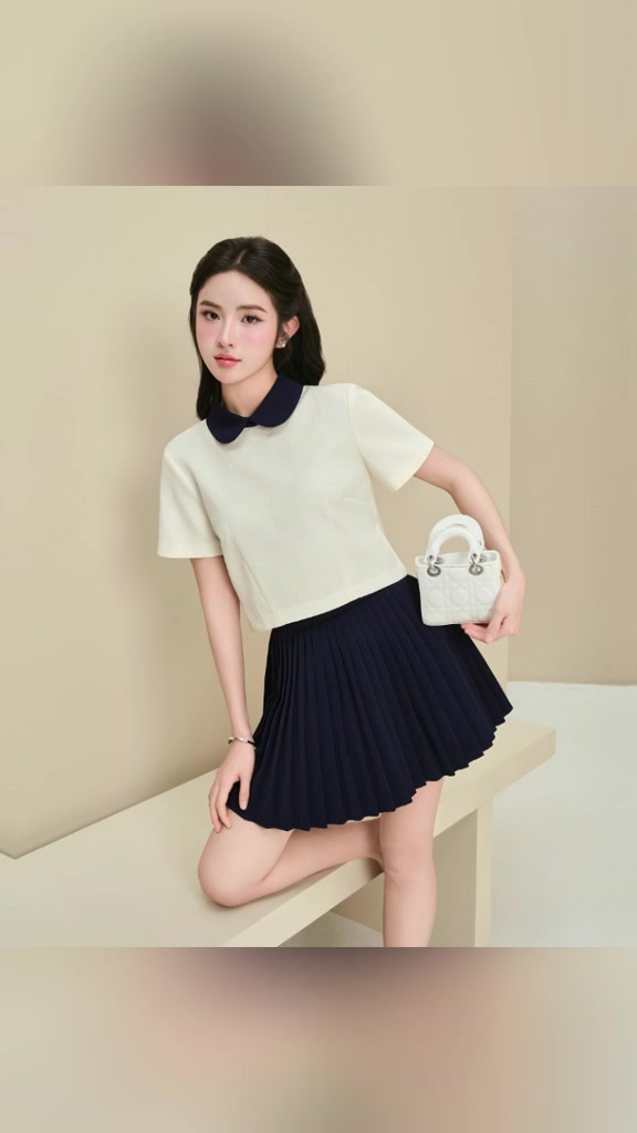 Set áo kiểu nữ thiết kế cổ sen croptop và chân váy xếp ly dáng ngắn tiểu thư Linly Store A-PC6 | BigBuy360 - bigbuy360.vn