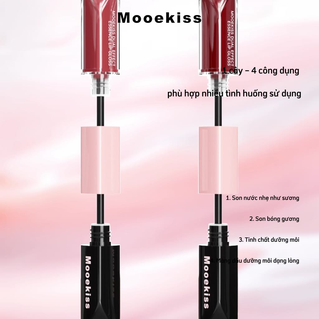 Son kem hai đầu Mooekiss thiết kế 2 trong 1 gồm đầu lì và đầu bóng, chứa 92% tinh chất dưỡng ẩm, giữ môi mềm suốt 8 giờ 6ml | BigBuy360 - bigbuy360.vn