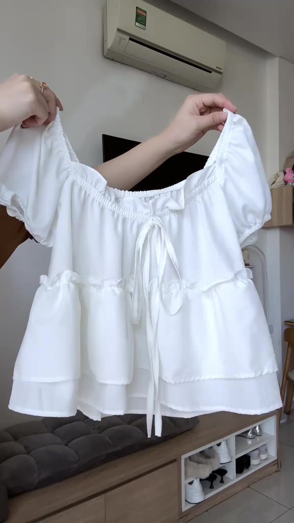 Tiany AT009 Áo Babydoll Tay Phồng Phối Bèo Free Size Màu Trắng Tinh Khôi Chất Cotton Mềm Mại Thoáng Mát Phong Cách Nữ | BigBuy360 - bigbuy360.vn