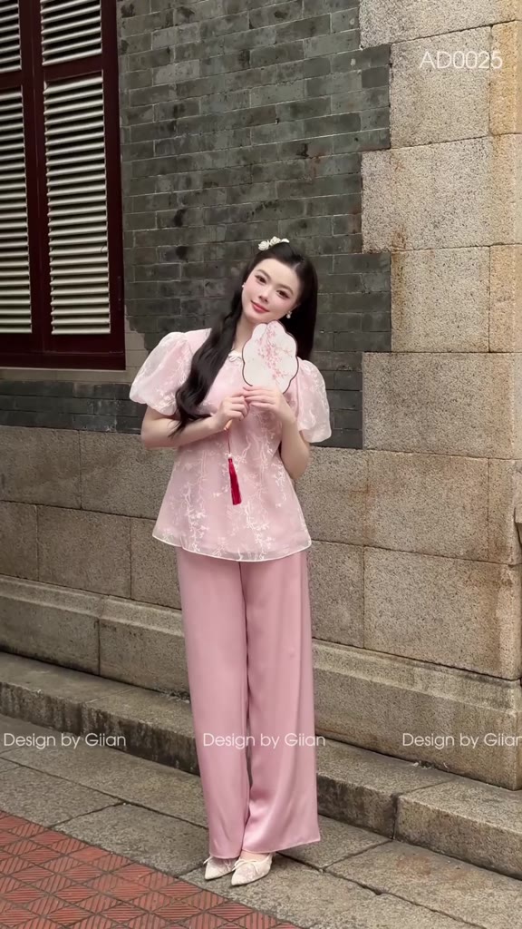 Set đồ truyền thống nữ Giian thiết kế áo cổ tròn đính nơ phối tay bồng cách điệu, dáng ôm nhẹ , phối quần lụa AO0025 | BigBuy360 - bigbuy360.vn