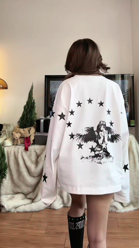 "THE LIGHT ANGEL & STAR" T-Shirt Long Sleeve Overboxy 280gsm Cotton 2 Chiều Trắng In Full Chame | BigBuy360 - bigbuy360.vn