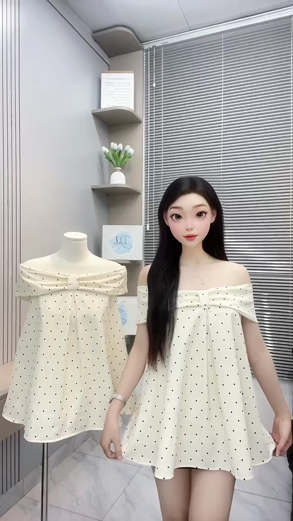 Áo Trễ Vai Phối Nơ Ngang Dáng Babydoll Hoạ Tiết Chấm Bi Chất Liệu Kaki Hàn Mềm Mại | BigBuy360 - bigbuy360.vn