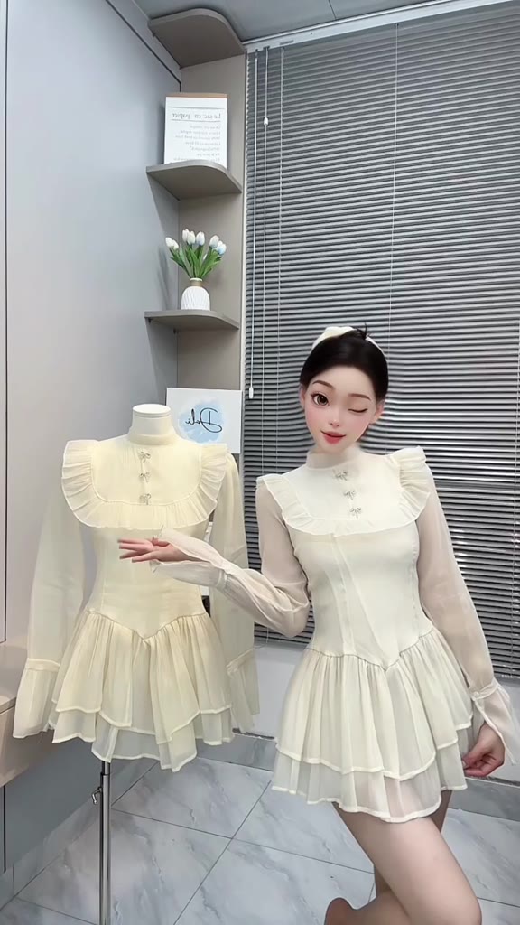 Đầm Tiểu Thư Chất Liệu Tơ Xốp Đính Ghim Nơ Đá Cổ Tròn Phối Viền Bèo Tay Bồng Xoè Tầng | BigBuy360 - bigbuy360.vn