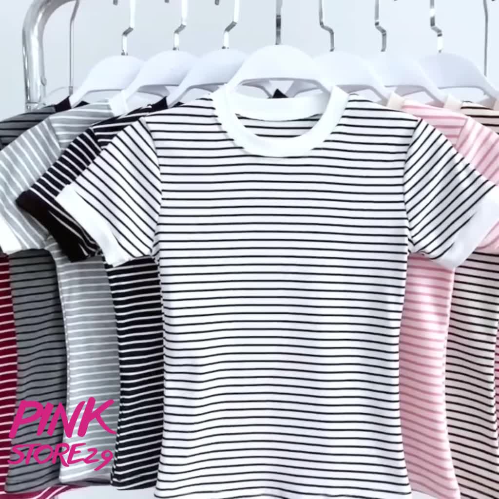 Áo Thun Nữ Dáng Ôm Kẻ Sọc PINKSTORE29 Phối Viền Tay Cổ Kiểu Basic A51505 | BigBuy360 - bigbuy360.vn