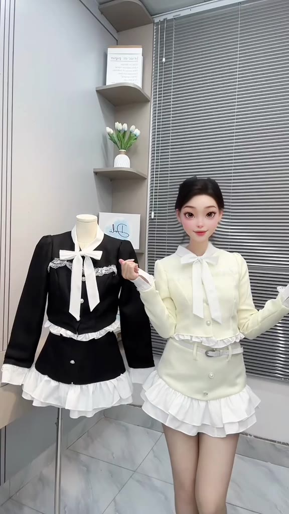 [Tặng Kèm Đai] Set Váy Dạ 2 Lớp Bánh Bèo Gồm Áo Khoác Dạ Nơ Cổ Phối Viền Bèo Ren + Chân Váy Phối Bèo Tầng | BigBuy360 - bigbuy360.vn