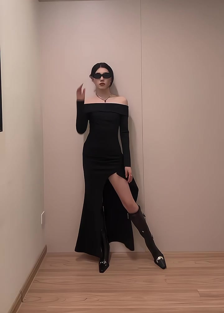 Đầm body maxi dáng dài trễ vai dài tay V197 thiết kế xẻ tà phối bèo xếp ly phần eo màu đen quyến rũ | BigBuy360 - bigbuy360.vn