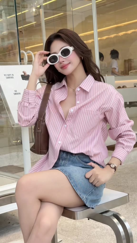Áo sơ mi sọc nữ GILLEE (nhiều màu) dáng dài phối túi sọc ngang vải cotton cao cấp thoáng mát FAS381 | BigBuy360 - bigbuy360.vn