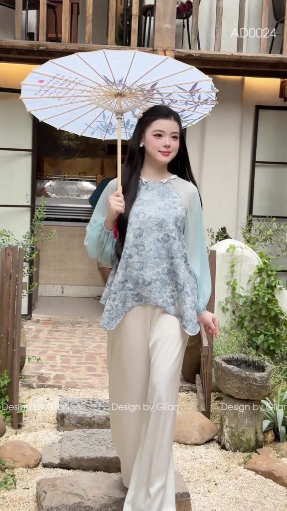 Set đồ truyền thống Giian thiết kế áo cánh rơi, cổ tròn đính nơ cách điệu họa tiết hoa nổi phối quần lụa cao cấp AO0024 | BigBuy360 - bigbuy360.vn