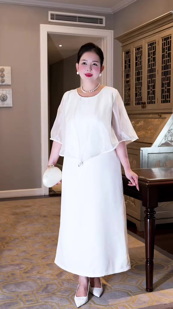 M COLLECTION | Váy Đầm Nữ Trung Niên Tặng Mẹ Phom Suông Cổ Tròn Lụa Dày Phối Choàng Tơ Hàn D13099 | BigBuy360 - bigbuy360.vn