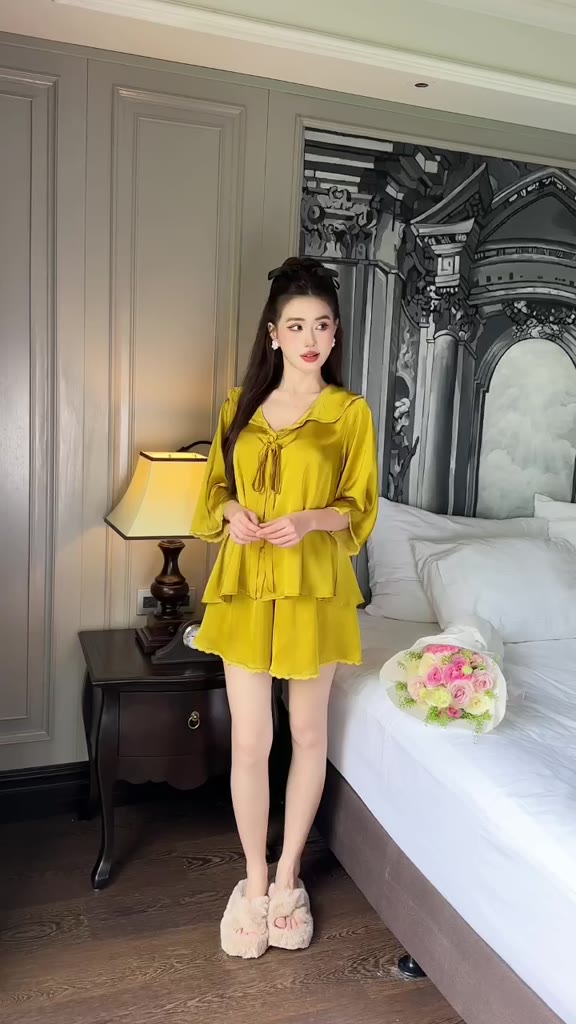 Đồ Ngủ Nữ Tay Loe Đùi MIKY, Đồ Ngủ Bigsize lụa Latin cao cấp mềm mại xinh xắn < 70KG M02 | BigBuy360 - bigbuy360.vn