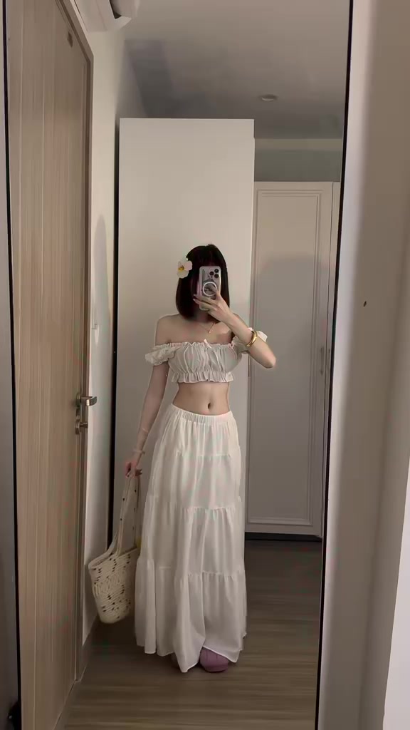 Xuongmaytini - Áo Trễ vai Croptop và Chân váy dài Tí Nị vải xốp Mỏng đi biển | BigBuy360 - bigbuy360.vn