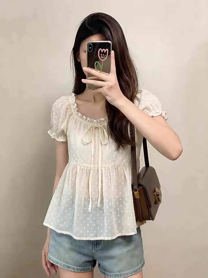 Áo kiểu nữ YUMMY dáng babydoll viền bèo thắt nơ, Áo sơ mi dáng suông rộng phong cách Hàn Quốc S11 | BigBuy360 - bigbuy360.vn