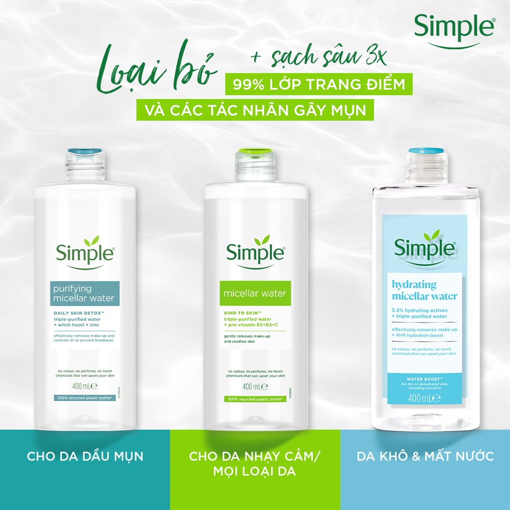NƯỚC TẨY TRANG SẠCH SÂU DỊU NHẸ - SIMPLE MICELLAR WATER 400ML | BigBuy360 - bigbuy360.vn