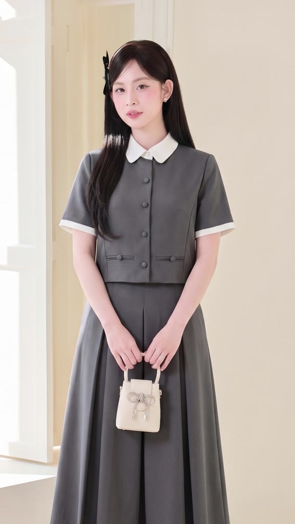 Set công sở nữ áo cổ trắng tay ngắn phối chân váy dài xếp ly thanh lịch Linly Store | BigBuy360 - bigbuy360.vn