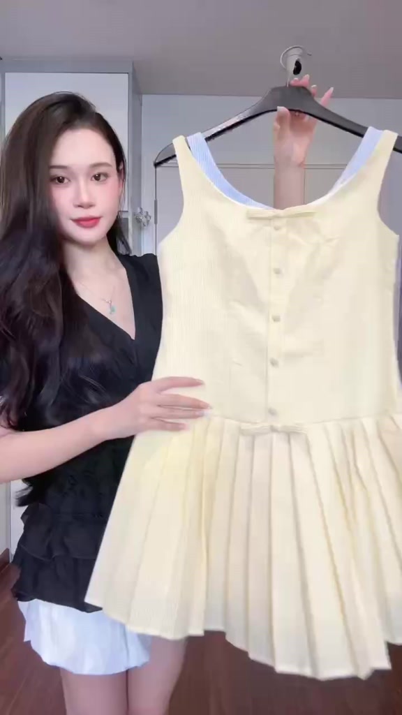 Váy kẻ hai dây phối nơ ngực dáng đuôi cá xếp ly phong cách tiểu thư Hàn Quốc 24Febstudio VN99 | BigBuy360 - bigbuy360.vn