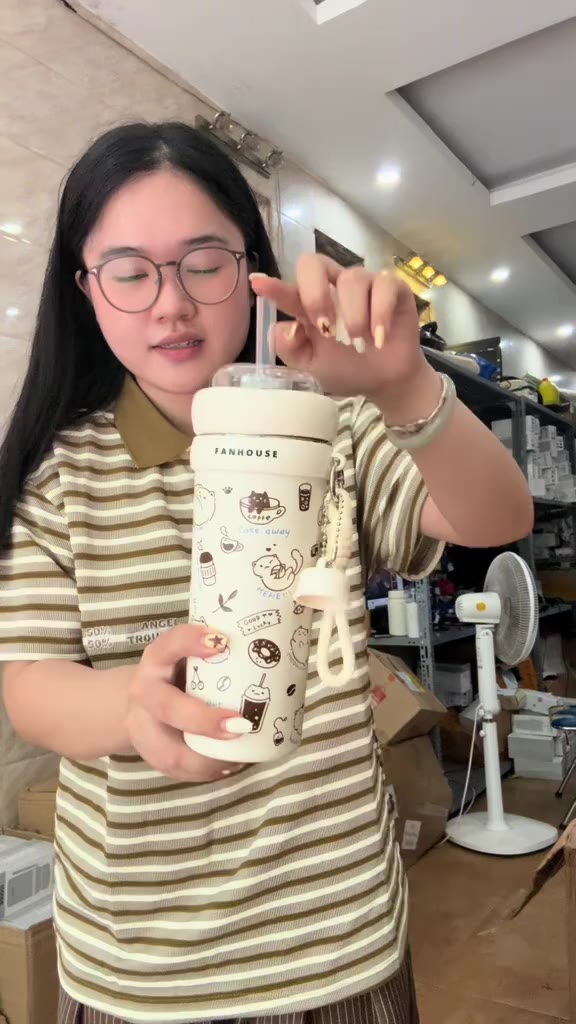 Bình giữ nhiệt Milky Tea Inox 316L phủ sứ 700ml, Ly nước giữ nhiệt Fan House ống hút trà sữa | BigBuy360 - bigbuy360.vn