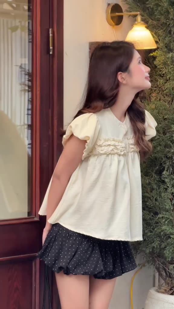 Áo babydoll đũi vân mây cổ trụ, Áo kiểu nhún bèo cổ trụ dễ thương - 29feb.closet - A610 | BigBuy360 - bigbuy360.vn