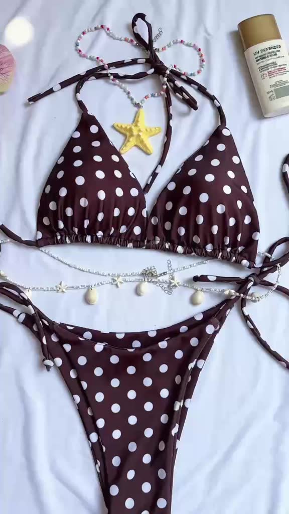 ( che tên sp) Bikini 2 mảnh đi biển chấm bi nâu áo tam giác quần ship chấm bi | BigBuy360 - bigbuy360.vn