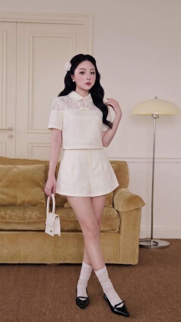 Áo kiểu nữ cổ sen phối ren tiểu thư, áo croptop cộc tay đính nơ thanh lịch Linly Store A-KIE40 | BigBuy360 - bigbuy360.vn