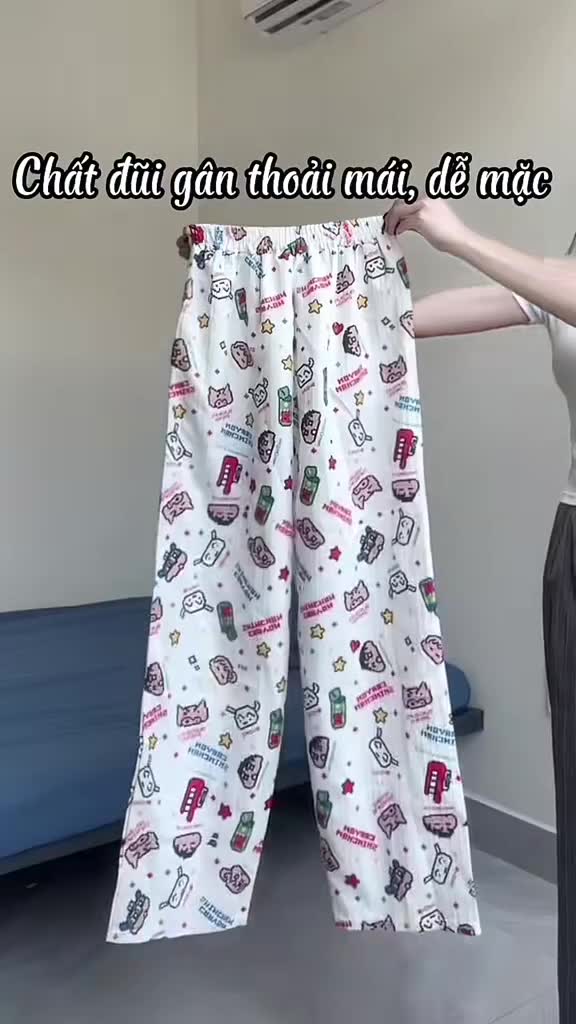 quần dài hoạt hình ống rộng nữ có đủ size hoạ tiết dễ thương chất đũi gân | BigBuy360 - bigbuy360.vn