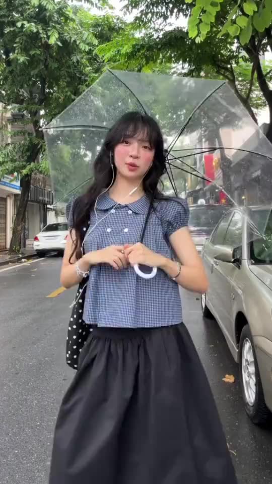 Áo sơ mi kiểu KORI TOP CỔ SEN tay bồng vải caro by Bun222 | BigBuy360 - bigbuy360.vn