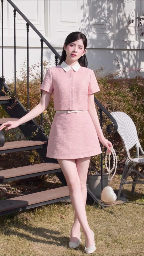 Set váy tiểu thư hồng pastel cổ cài hoa phối chân váy chữ A cao cấp Linly Store | BigBuy360 - bigbuy360.vn