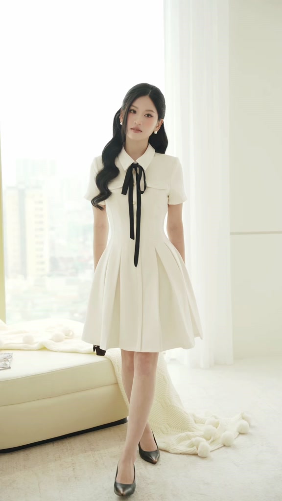 (𝐓𝐡𝐞 𝐔𝐩𝐰𝐢𝐧𝐝 𝐊𝐢𝐭𝐞) Váy xoè tằm HK ly súp có nơ buộc cổ, form basic thanh lịch thời trang nữ Calie VX386 | BigBuy360 - bigbuy360.vn