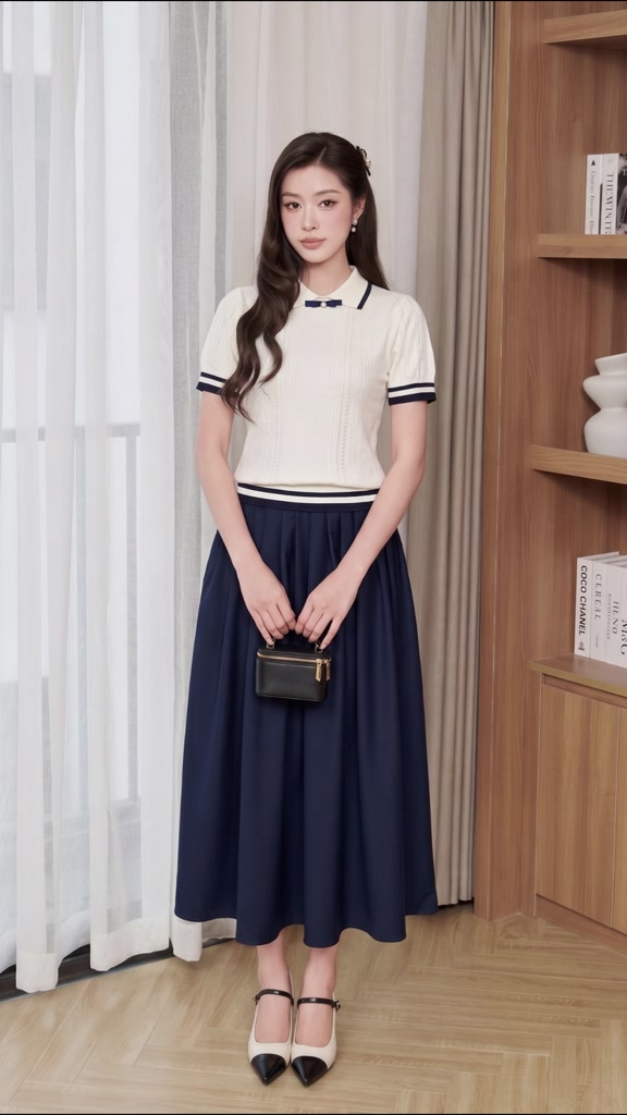 Áo dệt kim nữ cổ polo phối viền, áo len tăm cộc tay đính nơ ngọc phong cách thanh lịch Linly Store A-DK1 | BigBuy360 - bigbuy360.vn