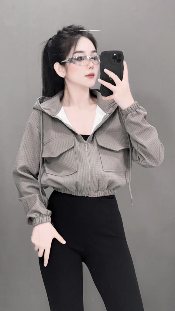 Áo khoác thun 2 da  xốp ô form croptop trẻ trung, có nón, tay eo bo chun , 4 túi tiện lợi , mặc mát, nón rộng |RTee Shop | BigBuy360 - bigbuy360.vn