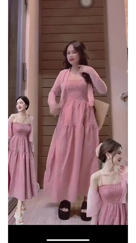 Set váy 2 dây caro hồng khoác ngoài dành cho nàng bánh bèo, tiểu thư, set đầm váy maxi 2 dây đi biển đẹp (kèm khoác) | BigBuy360 - bigbuy360.vn