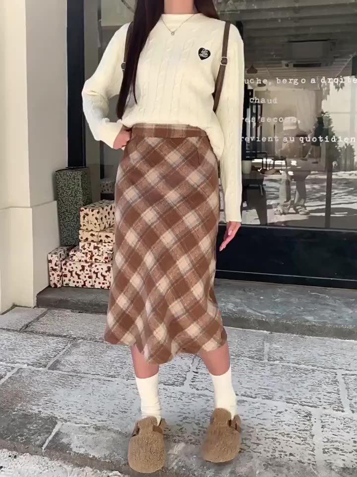 Chân váy dạ Beyo chân kẻ caro chân váy dáng dài cạp khoá xẻ tà cao cấp T010 | BigBuy360 - bigbuy360.vn