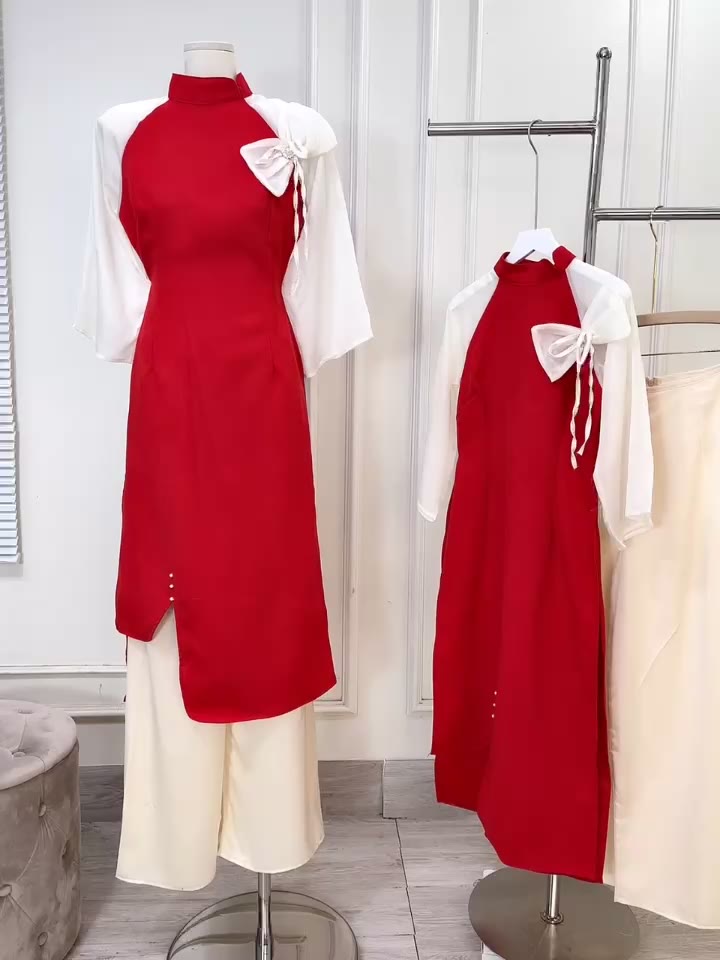 Set áo dài cách tân - Áo dài Tết cổ tàu xéo tay loe phối đỏ trắng đính nơ phù hợp mặc Tết và du xuân HK Shop | BigBuy360 - bigbuy360.vn