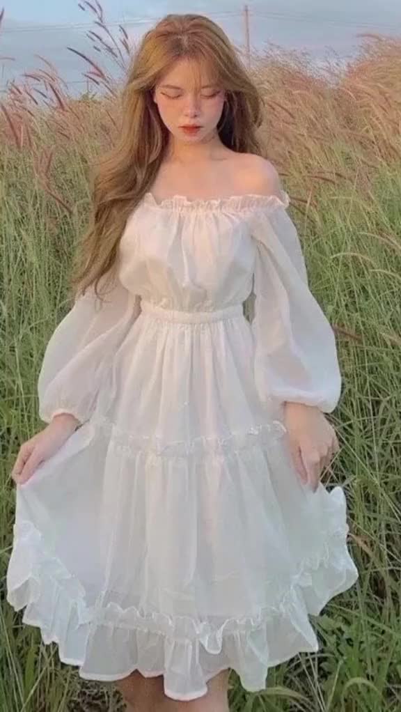 váy trắng tiểu thư trễ vai tay bồng dáng dài hai lớp, đầm nữ trắng dự tiệc | BigBuy360 - bigbuy360.vn