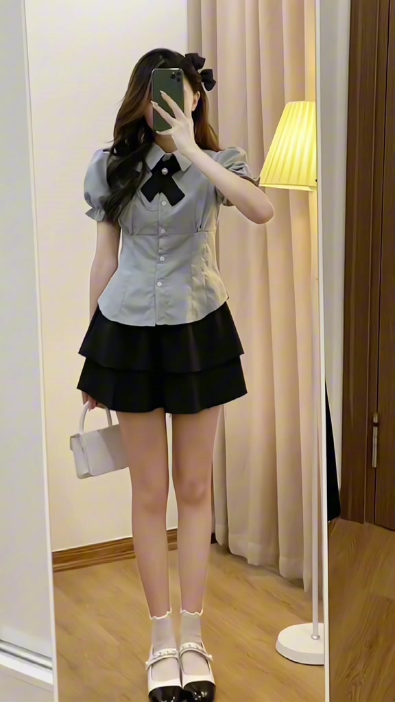 Set áo sơ mi kèm chân váy 2 tầng, áo tay phồng chiết eo tiểu thư xixeoshop - S89 | BigBuy360 - bigbuy360.vn