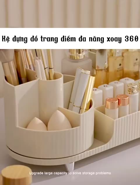Kệ đựng mĩ phẩm đồ trang điểm để bàn đa năng xoay 360 tiện dụng màu kem phong cách tối giản sang trọng cao cấp | BigBuy360 - bigbuy360.vn