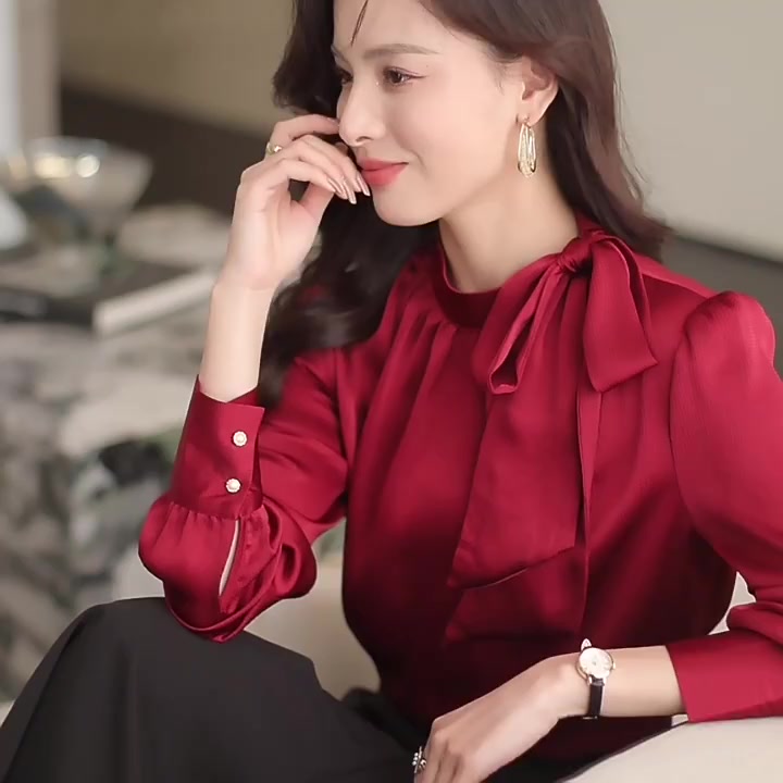 Áo sơ mi lụa tay dài cổ tròn thắt nơ Oxatyl A433 thời trang công sở mặc đi chơi, đi làm sang trọng | BigBuy360 - bigbuy360.vn