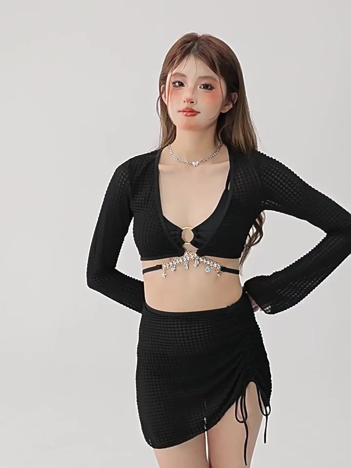 Bộ Đồ Bơi bikini Bốn Mảnh Áo Tay Dài + Chân Váy Ngắn Xẻ Tà Màu Trơn Quyến Rũ Cho Nữ | BigBuy360 - bigbuy360.vn