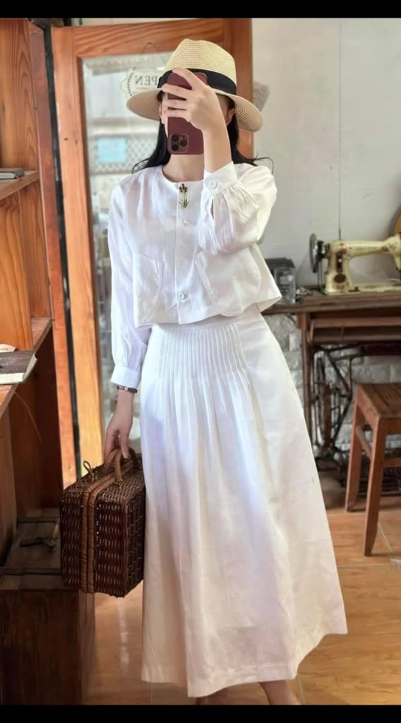Sét đồ nữ mùa hè vải linen Hàn Bộ mặc nhà nữ áo và chân váy