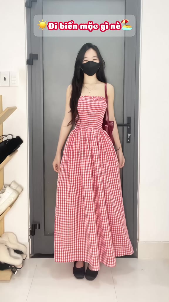 Váy Maxi cúp ngực bo chun chất kẻ thô có túi hông, váy kẻ caro mặc đi biển đi du lịch đi cafe dễ thương HV567 | BigBuy360 - bigbuy360.vn