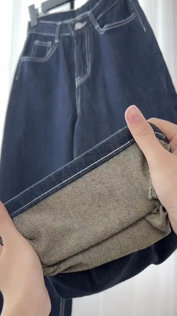 𝐌𝐢𝐧𝐢 𝐇𝐨𝐮𝐬𝐞c - Quần Ống Rộng Lưng Cao Xanh Chỉ Trắng MINI09 Jeans Premium | BigBuy360 - bigbuy360.vn