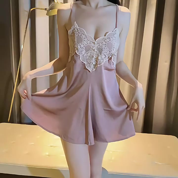 Váy ngủ lụa sexy phối ren hoa gợi cảm tinh tế đầm thức 2 dây chéo lưng tặng chip quyến rũ sang trọng BIKI HOUSE N136 | BigBuy360 - bigbuy360.vn