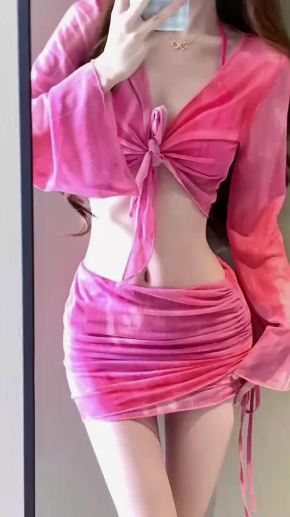 Set bộ đồ bơi bikini 4 chi tiết kèm áo choàng dài tay phối chân váy dây rút ôm body sexy có đệm ngực HMH BKN47 | BigBuy360 - bigbuy360.vn